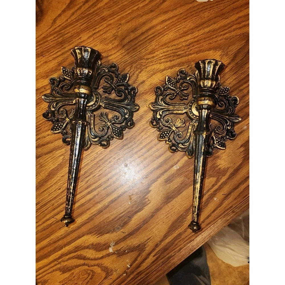 Vintage Set Of 2 1960s MCM Syroco Antique Gold Wall Hanging Taper Candle Sconces
